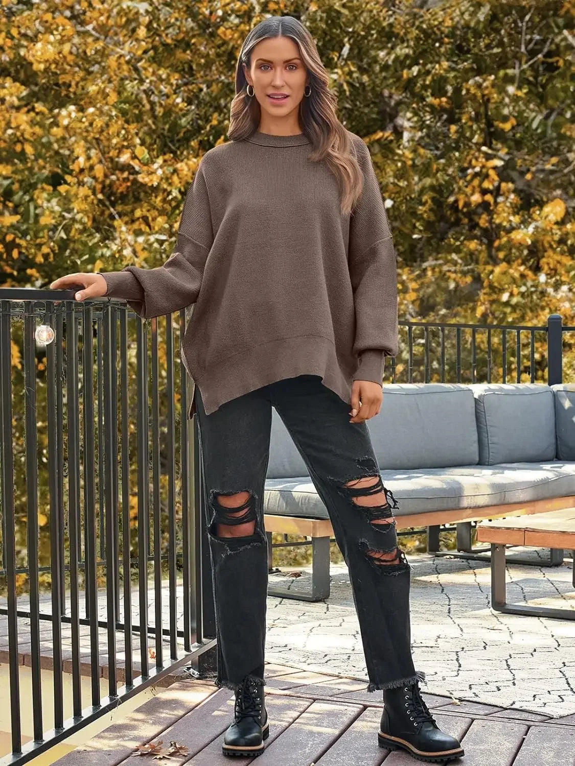 2024 New Autumn Women's Crewneck Batwing Long Sleeve Sweaters Pullover Fall Oversized Ribbed Knit Side Slit Pullover Tops Winter