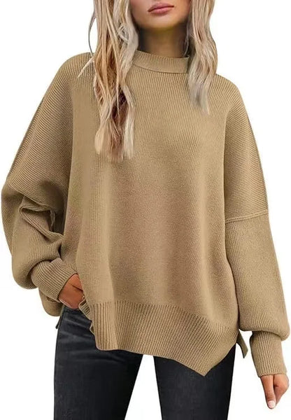 2024 New Autumn Women's Crewneck Batwing Long Sleeve Sweaters Pullover Fall Oversized Ribbed Knit Side Slit Pullover Tops Winter