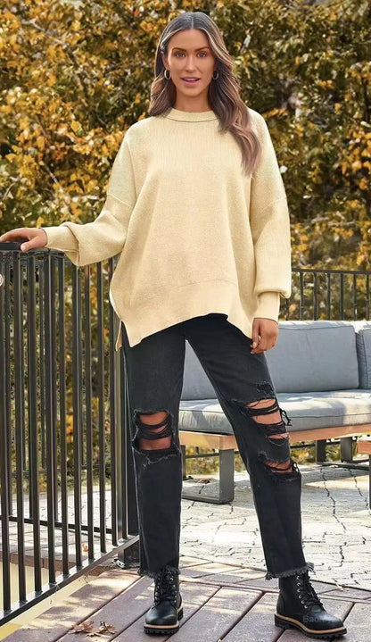 2024 New Autumn Women's Crewneck Batwing Long Sleeve Sweaters Pullover Fall Oversized Ribbed Knit Side Slit Pullover Tops Winter