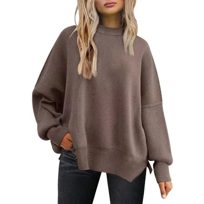 2024 New Autumn Women's Crewneck Batwing Long Sleeve Sweaters Pullover Fall Oversized Ribbed Knit Side Slit Pullover Tops Winter