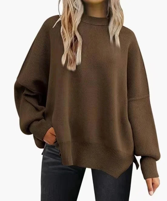 2024 New Autumn Women's Crewneck Batwing Long Sleeve Sweaters Pullover Fall Oversized Ribbed Knit Side Slit Pullover Tops Winter