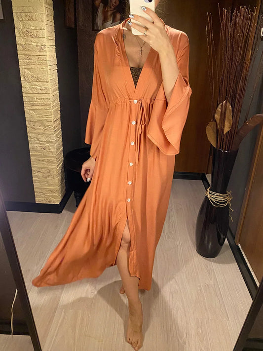 2024 New Sexy Beach Long Maxi Dress Women Beach Cover Up Tunic Pareo White V Neck Dress Robe Swimwear Cover Up Bikini Beachwear