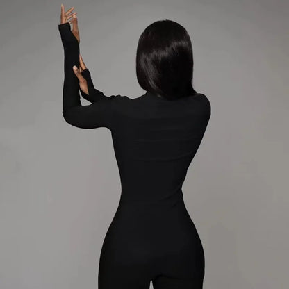 2024 New Solid Bodycon Jumpsuit Women Sporty Rompers Summer Fitness Long Sleeve Zipper Elastic One Piece Elegant Black Bodysuit