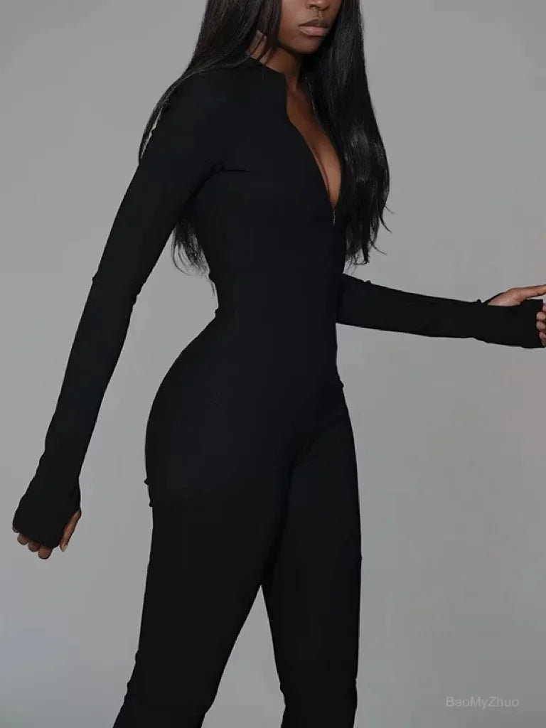 2024 New Solid Bodycon Jumpsuit Women Sporty Rompers Summer Fitness Long Sleeve Zipper Elastic One Piece Elegant Black Bodysuit