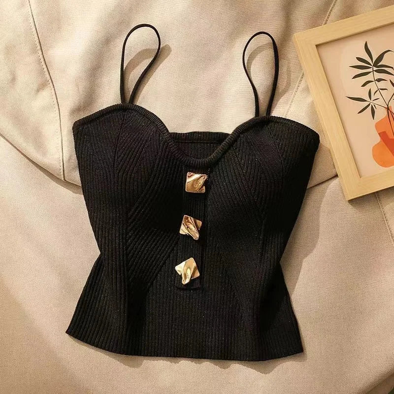 2024 New Summer French Style Cross-knit Suspender Women Summer Wear Sexy Beauty Camisole Black Slim High-end Bottom Bandeau Top