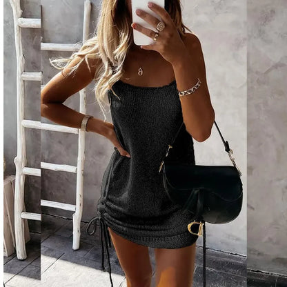 2024 New Summer Sleeveless Sling Mini Short Dress Women Casual Fashion Backless Drawstring Low Collar Solid Sexy Spring Dresses