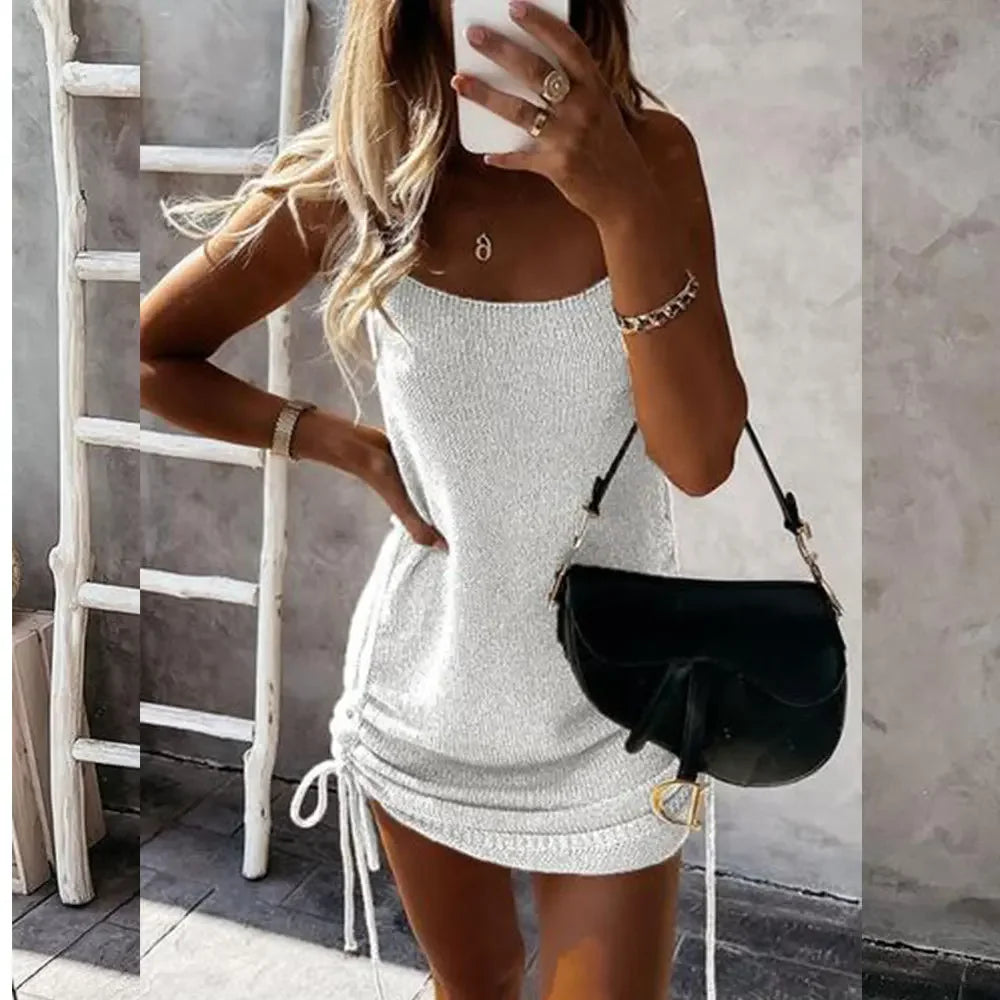 2024 New Summer Sleeveless Sling Mini Short Dress Women Casual Fashion Backless Drawstring Low Collar Solid Sexy Spring Dresses