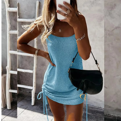 2024 New Summer Sleeveless Sling Mini Short Dress Women Casual Fashion Backless Drawstring Low Collar Solid Sexy Spring Dresses