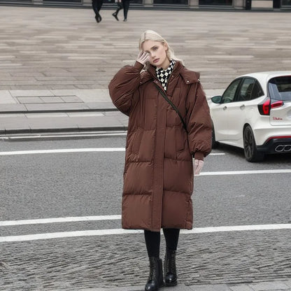 2024 New Winter Women Parka Long Straight Down Cotton Coat Hooded Korean Loose Puffer Jacket Fashion Female Warm Parkas Outwear