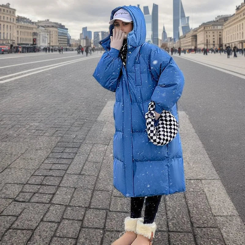 2024 New Winter Women Parka Long Straight Down Cotton Coat Hooded Korean Loose Puffer Jacket Fashion Female Warm Parkas Outwear