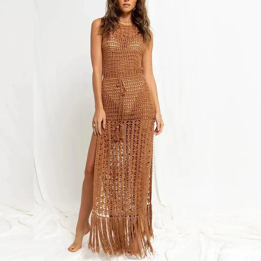 2024 Sexy Hollow Out Fringe Tassel Knitted Crochet Beach Dress Women Beach Cover Ups For Swimwear Female Kimono Swimsuit Dress