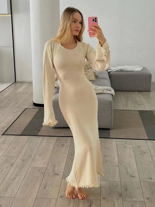 2024 Sexy Solid Women Ribbed Knit Ruffle Trim Long Dress Long Sleeve Bodycon Party Cocktail Dress Flare Summer Beach Cover Up