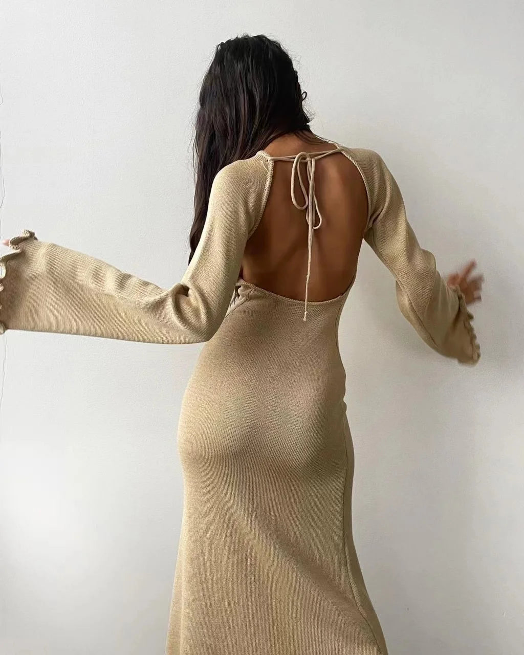 2024 Sexy Solid Women Ribbed Knit Ruffle Trim Long Dress Long Sleeve Bodycon Party Cocktail Dress Flare Summer Beach Cover Up