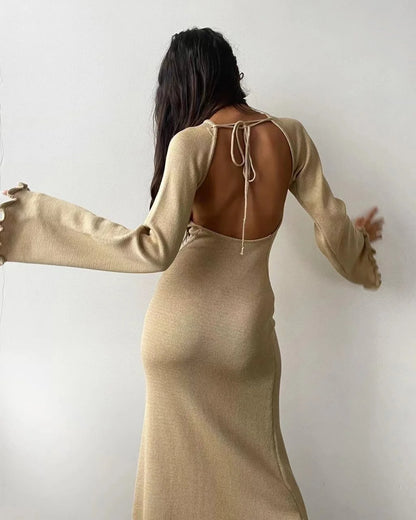 2024 Sexy Solid Women Ribbed Knit Ruffle Trim Long Dress Long Sleeve Bodycon Party Cocktail Dress Flare Summer Beach Cover Up