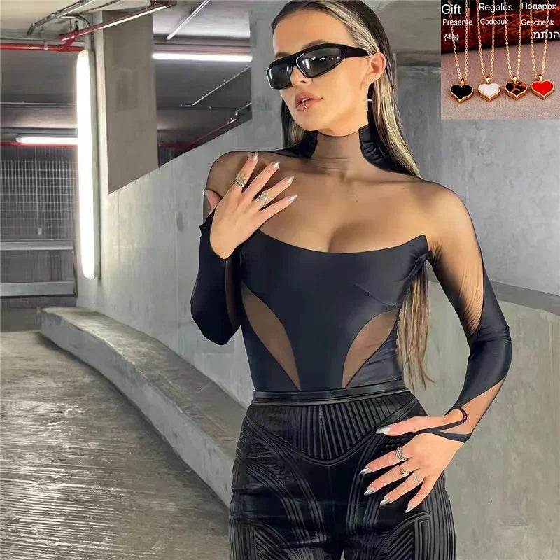 2024 Sexy Wild Women Bodysuit Long Sleeve See Through Skinny Mesh Patchwork Vacation Party Club Streetwear Bodycon Tops Black