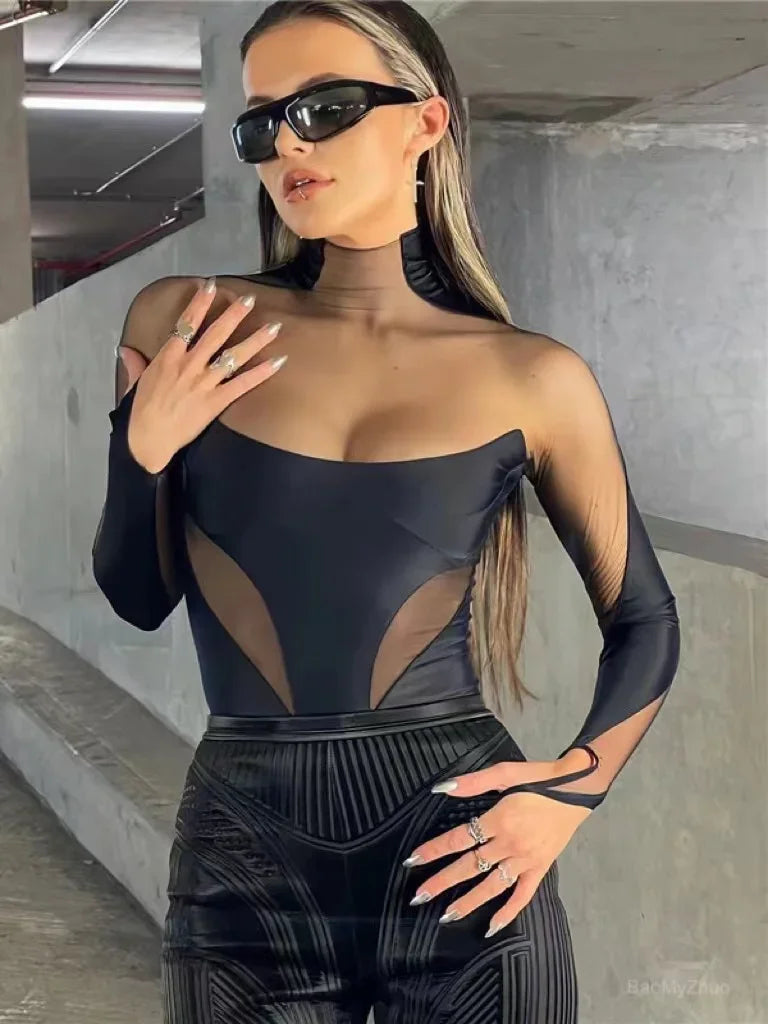 2024 Sexy Wild Women Bodysuit Long Sleeve See Through Skinny Mesh Patchwork Vacation Party Club Streetwear Bodycon Tops Black