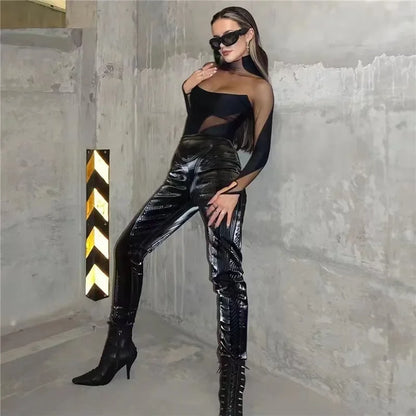 2024 Sexy Wild Women Bodysuit Long Sleeve See Through Skinny Mesh Patchwork Vacation Party Club Streetwear Bodycon Tops Black