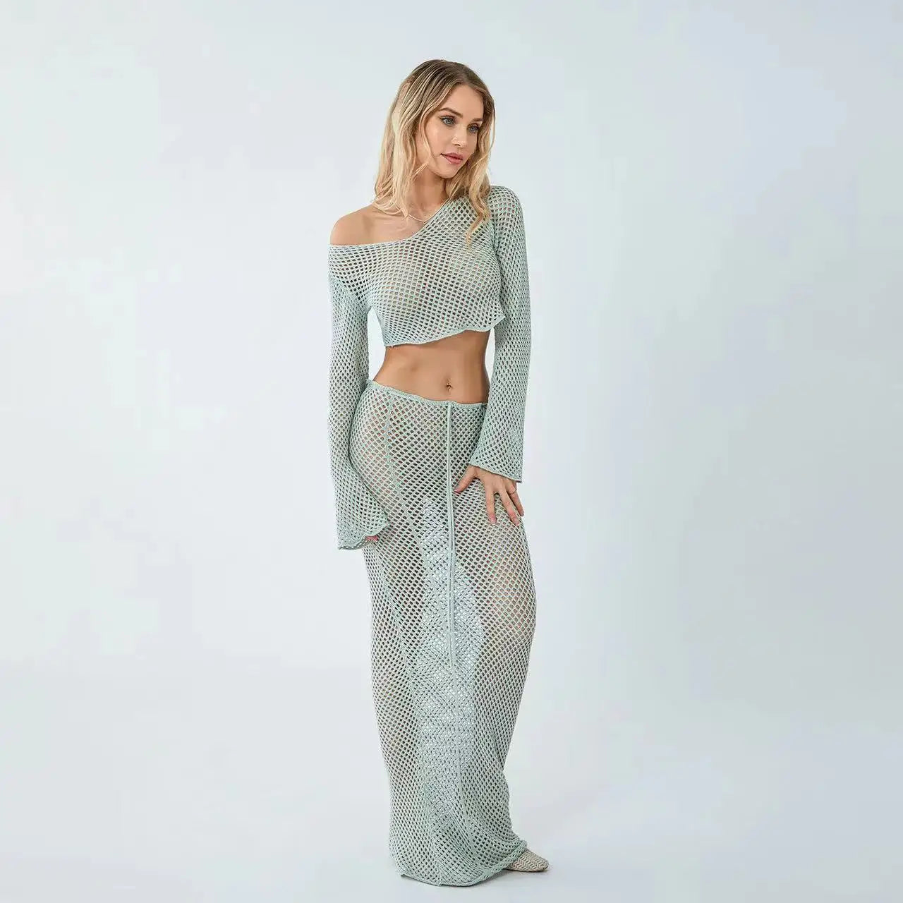 2024 Sexy Women Y2k Hollow Out Maxi Skirt Set Crochet Long Sleeve Tie Up Crop Top Bodycon Knitted Long Skirt 2 Piece Suits Solid