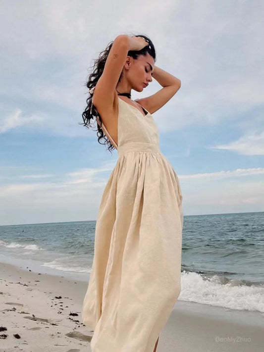 2024 Spring Summer Beach Style Women Dress Vintage Loose A-line Sling Dress Sexy Hot Girl 100% Cotton V-neck Dress Female Solid