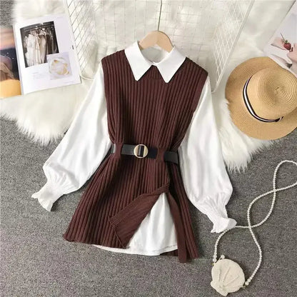 2024 Spring Two 2 Piece Knitted Vest Set Women Long Sleeve Shirt Solid Autumn Vintage College Style Waistband Sweater Tops