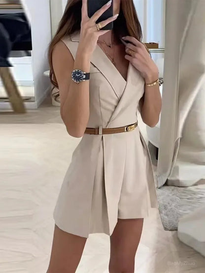 2024 Summer Elegant Women's Jumpsuit With Belt Fashion Sleeveless Turndown Collar Slim Short Jumpsuits Female Sping Lady Romper