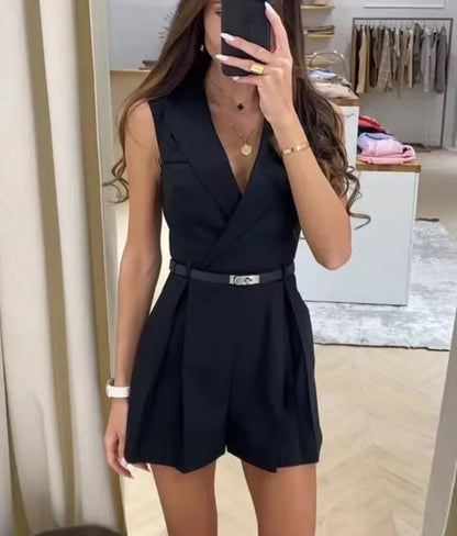 2024 Summer Elegant Women's Jumpsuit With Belt Fashion Sleeveless Turndown Collar Slim Short Jumpsuits Female Sping Lady Romper