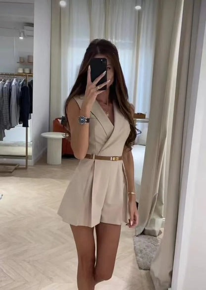 2024 Summer Elegant Women's Jumpsuit With Belt Fashion Sleeveless Turndown Collar Slim Short Jumpsuits Female Sping Lady Romper