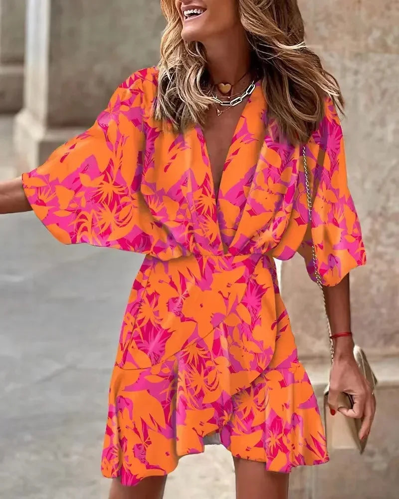 2024 Summer Irregular Beach Mini Dress For Women Fashion Print Casual Bohemia Style Sundress Female Bat Sleeve Ruffles Dresses