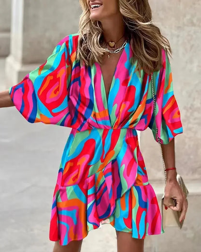 2024 Summer Irregular Beach Mini Dress For Women Fashion Print Casual Bohemia Style Sundress Female Bat Sleeve Ruffles Dresses