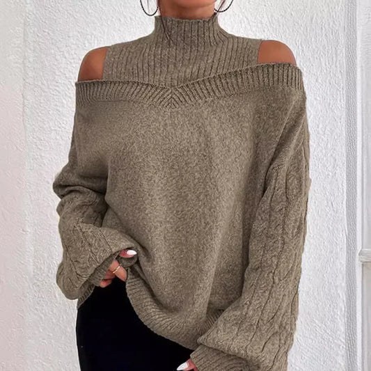 2024 Winter Fashion Women's High Neck Knitted Pullover Loose Elastic Wool Knitted Top Off Shoulder Elegant Street Style Sweater