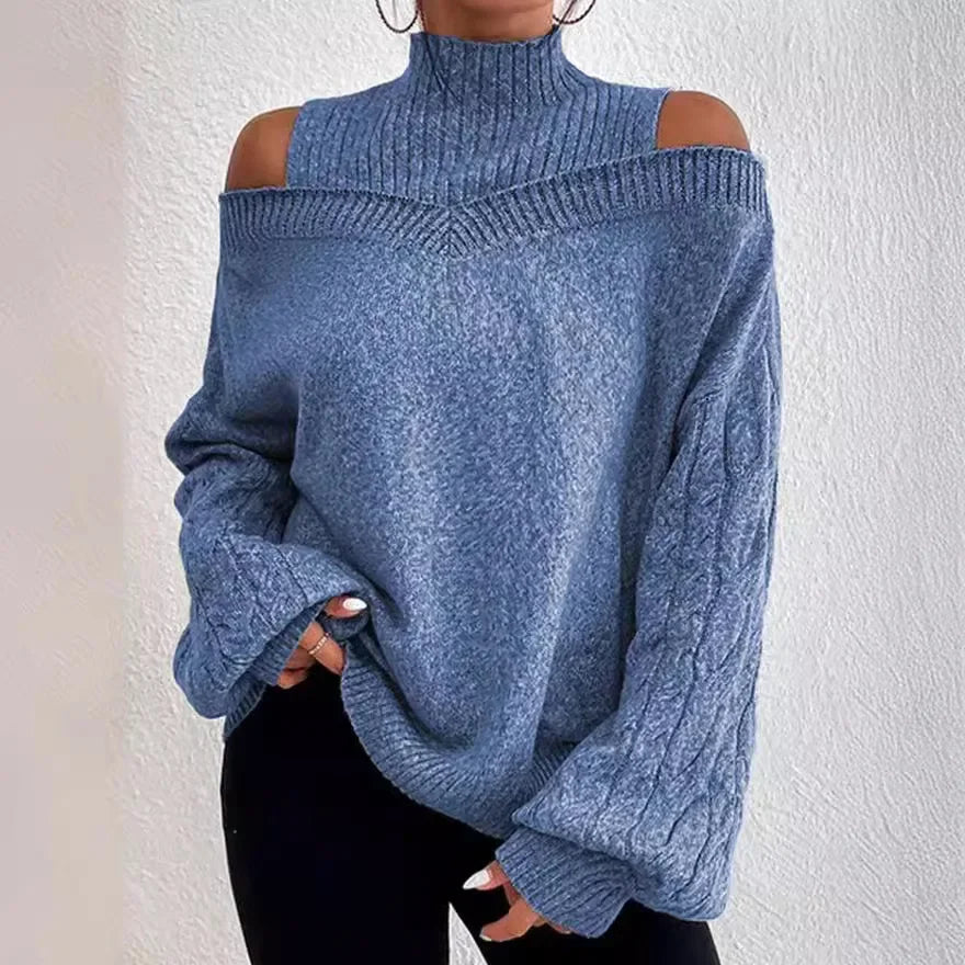 2024 Winter Fashion Women's High Neck Knitted Pullover Loose Elastic Wool Knitted Top Off Shoulder Elegant Street Style Sweater