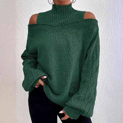 2024 Winter Fashion Women's High Neck Knitted Pullover Loose Elastic Wool Knitted Top Off Shoulder Elegant Street Style Sweater