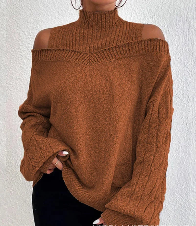 2024 Winter Fashion Women's High Neck Knitted Pullover Loose Elastic Wool Knitted Top Off Shoulder Elegant Street Style Sweater