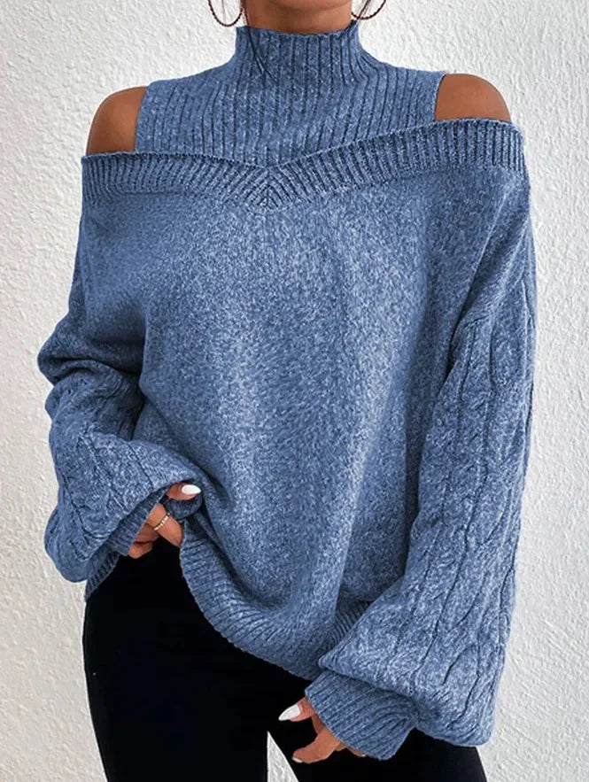 2024 Winter Fashion Women's High Neck Knitted Pullover Loose Elastic Wool Knitted Top Off Shoulder Elegant Street Style Sweater