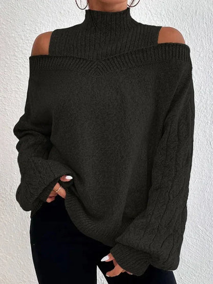 2024 Winter Fashion Women's High Neck Knitted Pullover Loose Elastic Wool Knitted Top Off Shoulder Elegant Street Style Sweater