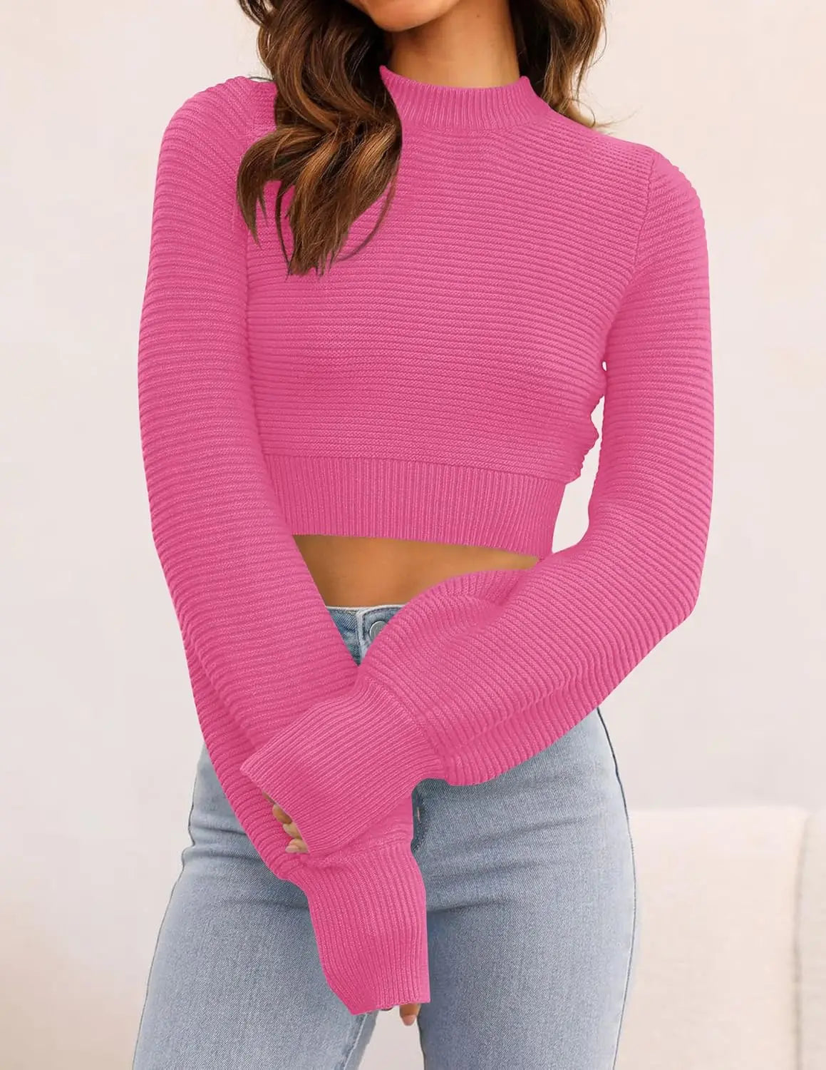 2024 Women's Fall Mock Neck Cropped Sweater Winter New Femme Elegant Long Sleeve Soft Ribbed Knit Pullover Casual Jumper Tops