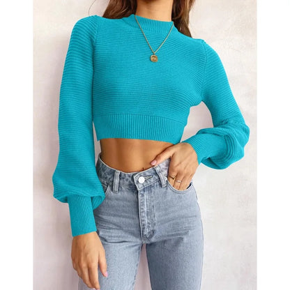 2024 Women's Fall Mock Neck Cropped Sweater Winter New Femme Elegant Long Sleeve Soft Ribbed Knit Pullover Casual Jumper Tops