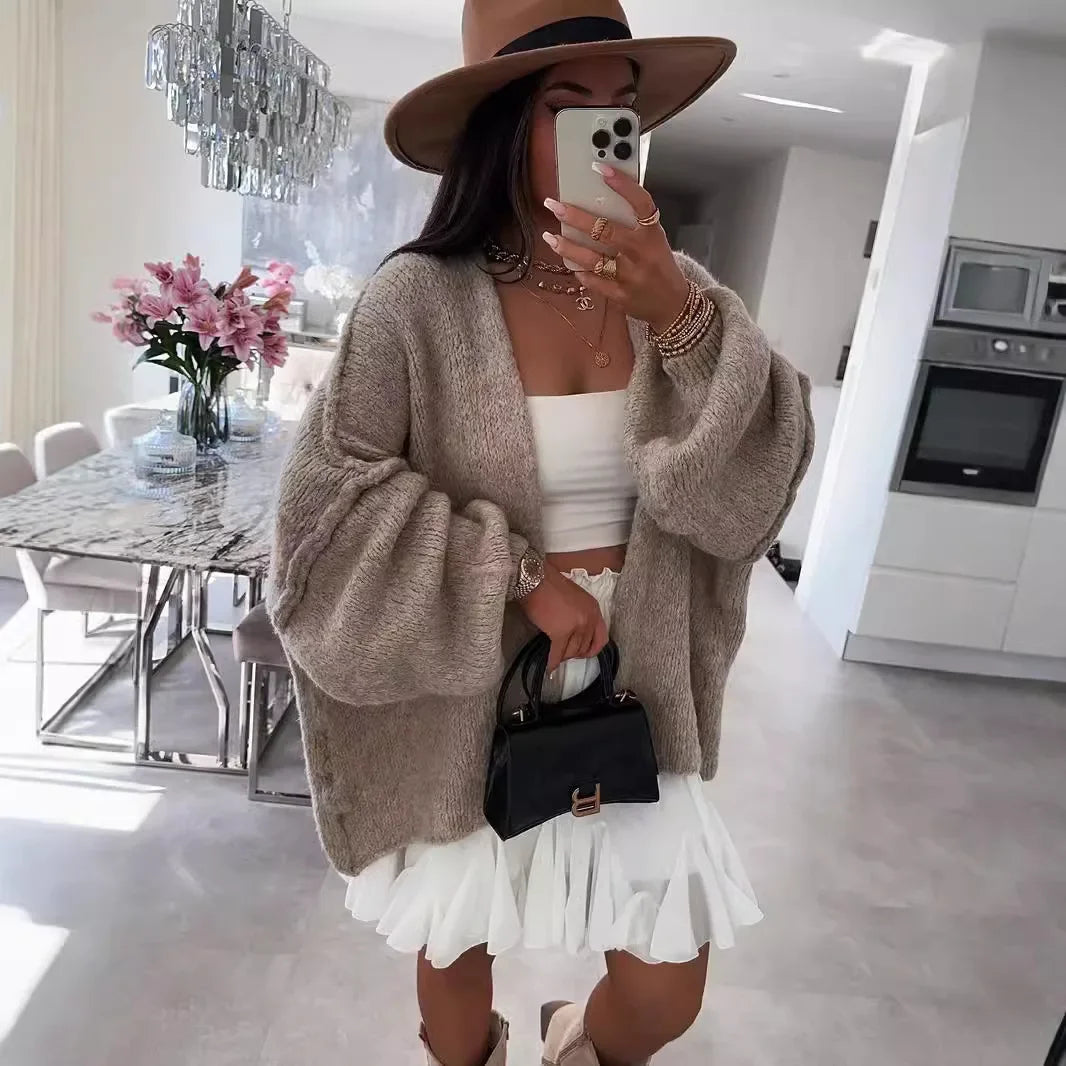 2025 Women Oversized Cardigan Sweater Knit Cardigan Stylish Female Oversized Warm Sweater With Lantern Sleeves Solid For Fall