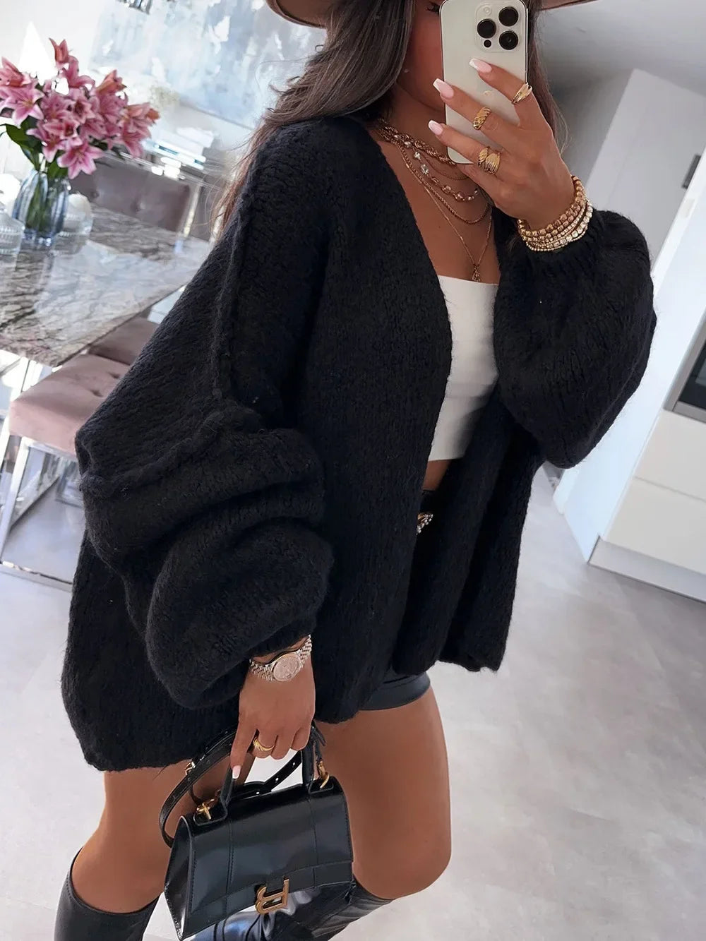 2025 Women Oversized Cardigan Sweater Knit Cardigan Stylish Female Oversized Warm Sweater With Lantern Sleeves Solid For Fall