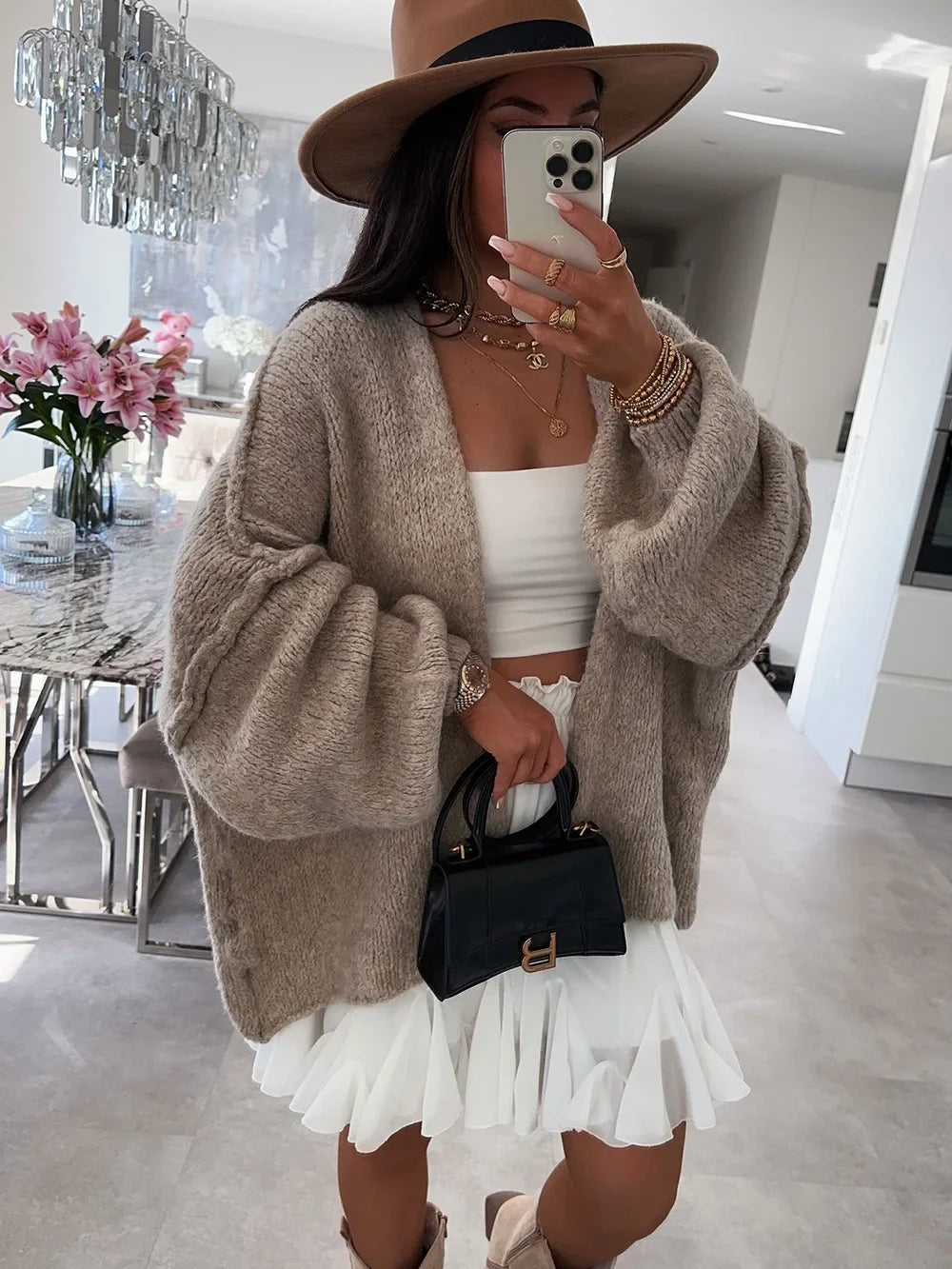 2025 Women Oversized Cardigan Sweater Knit Cardigan Stylish Female Oversized Warm Sweater With Lantern Sleeves Solid For Fall