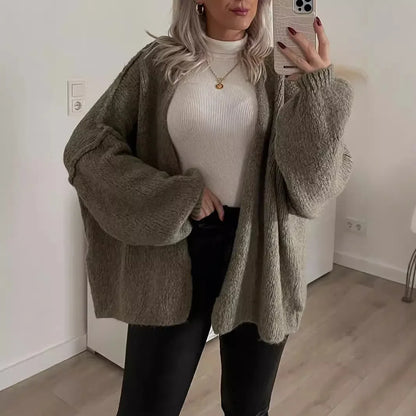 2025 Women Oversized Cardigan Sweater Knit Cardigan Stylish Female Oversized Warm Sweater With Lantern Sleeves Solid For Fall