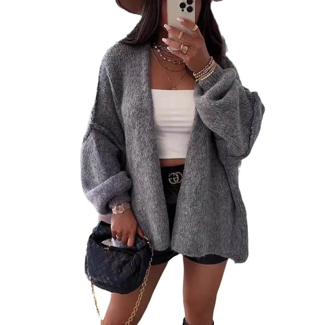 2025 Women Oversized Cardigan Sweater Knit Cardigan Stylish Female Oversized Warm Sweater With Lantern Sleeves Solid For Fall