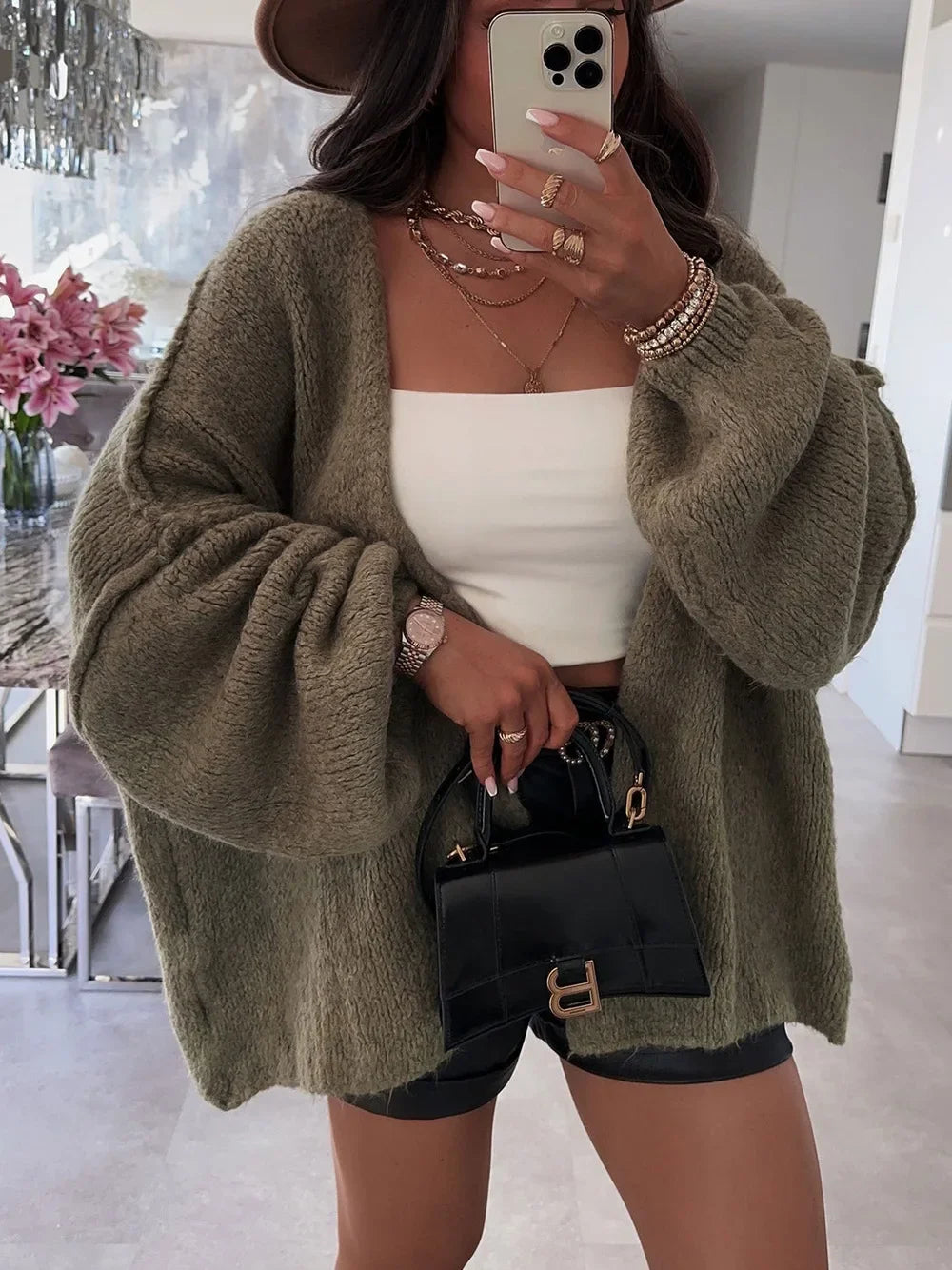 2025 Women Oversized Cardigan Sweater Knit Cardigan Stylish Female Oversized Warm Sweater With Lantern Sleeves Solid For Fall