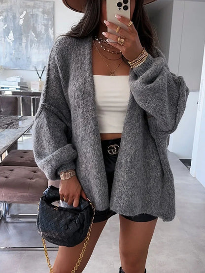 2025 Women Oversized Cardigan Sweater Knit Cardigan Stylish Female Oversized Warm Sweater With Lantern Sleeves Solid For Fall