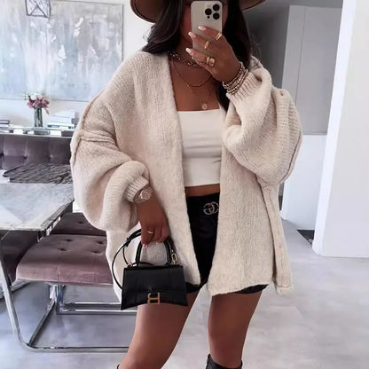 2025 Women Oversized Cardigan Sweater Knit Cardigan Stylish Female Oversized Warm Sweater With Lantern Sleeves Solid For Fall