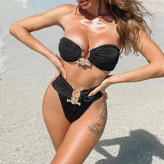 Sexy Solid Black Bikini 2024 New Women Off Shoulder High Cut Push Up Padded Rhinestone Swimwear Brazilian Bathing Suit Swimsuit